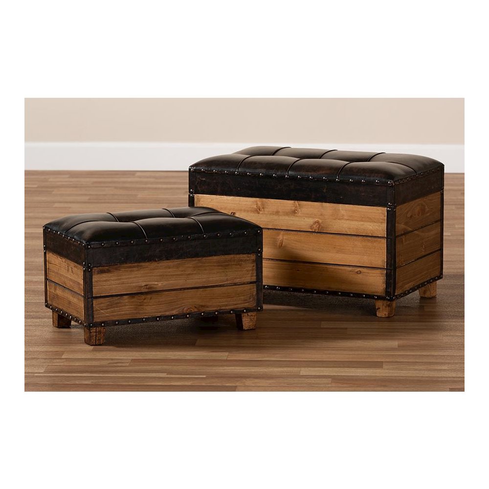 Leather Upholstered 2-Piece Wood Storage Trunk Ottoman Set. Picture 11