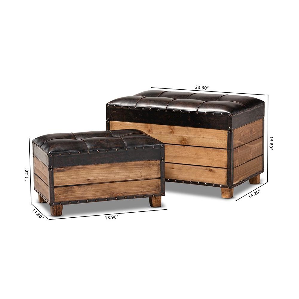 Leather Upholstered 2-Piece Wood Storage Trunk Ottoman Set. Picture 12