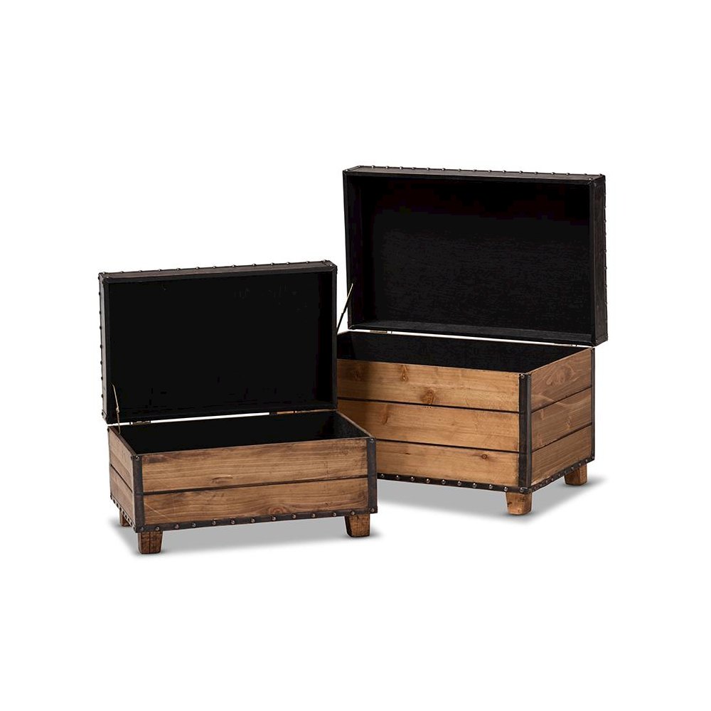 Leather Upholstered 2-Piece Wood Storage Trunk Ottoman Set. Picture 2