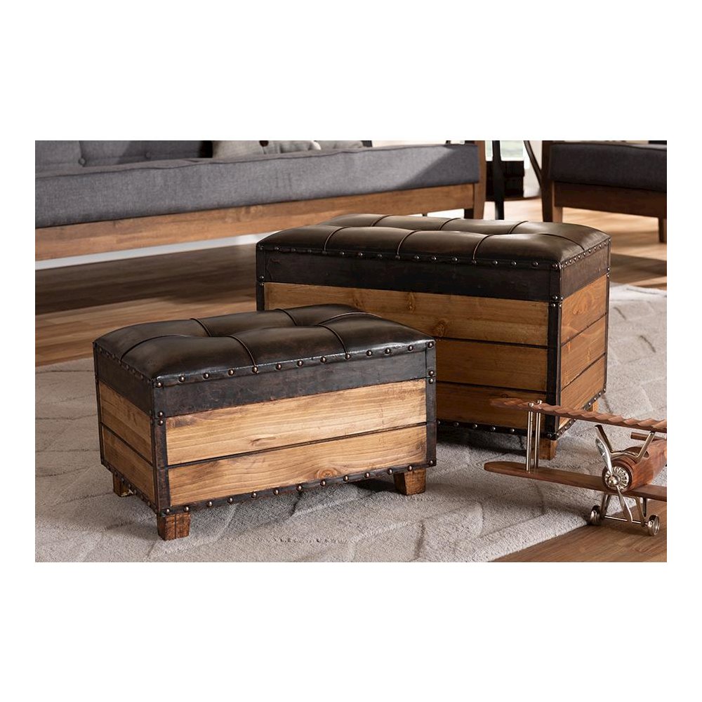 Leather Upholstered 2-Piece Wood Storage Trunk Ottoman Set. Picture 9