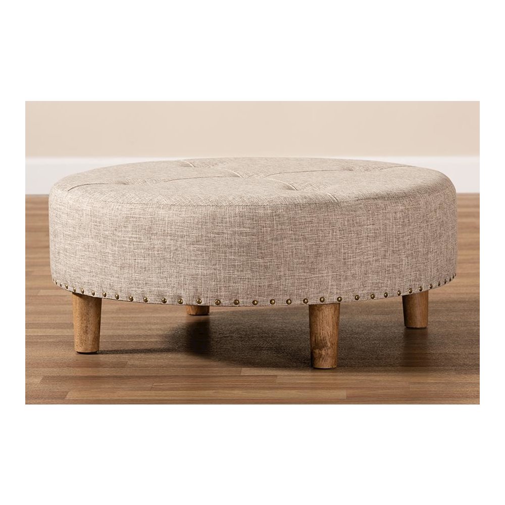 Beige Fabric Upholstered Natural Wood Cocktail Ottoman. Picture 6