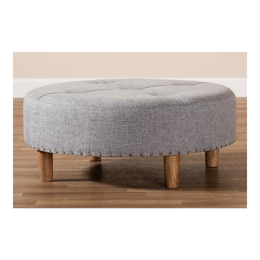 Light Gray Fabric Upholstered Natural Wood Cocktail Ottoman. Picture 6