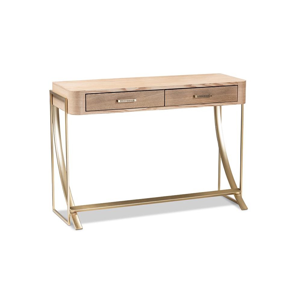 Natural Brown Finished Wood and Gold Finished 2-Drawer Console Table. Picture 1
