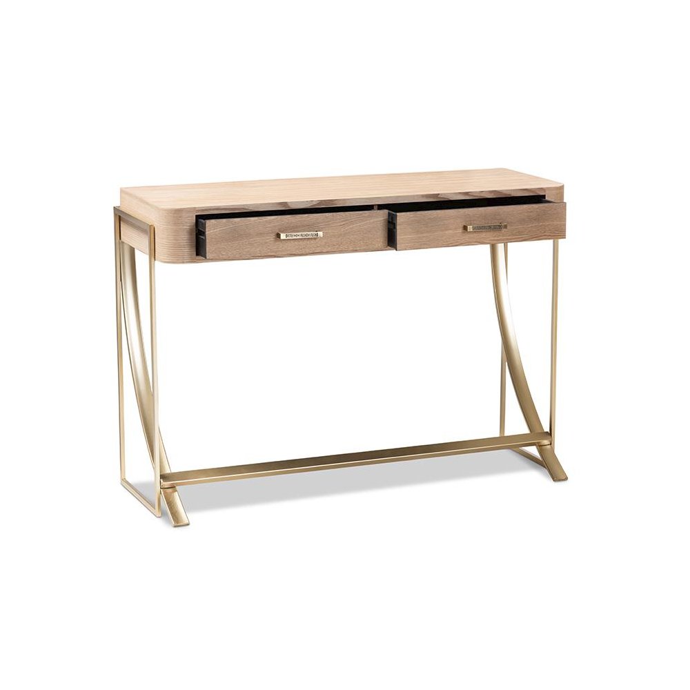 Natural Brown Finished Wood and Gold Finished 2-Drawer Console Table. Picture 2