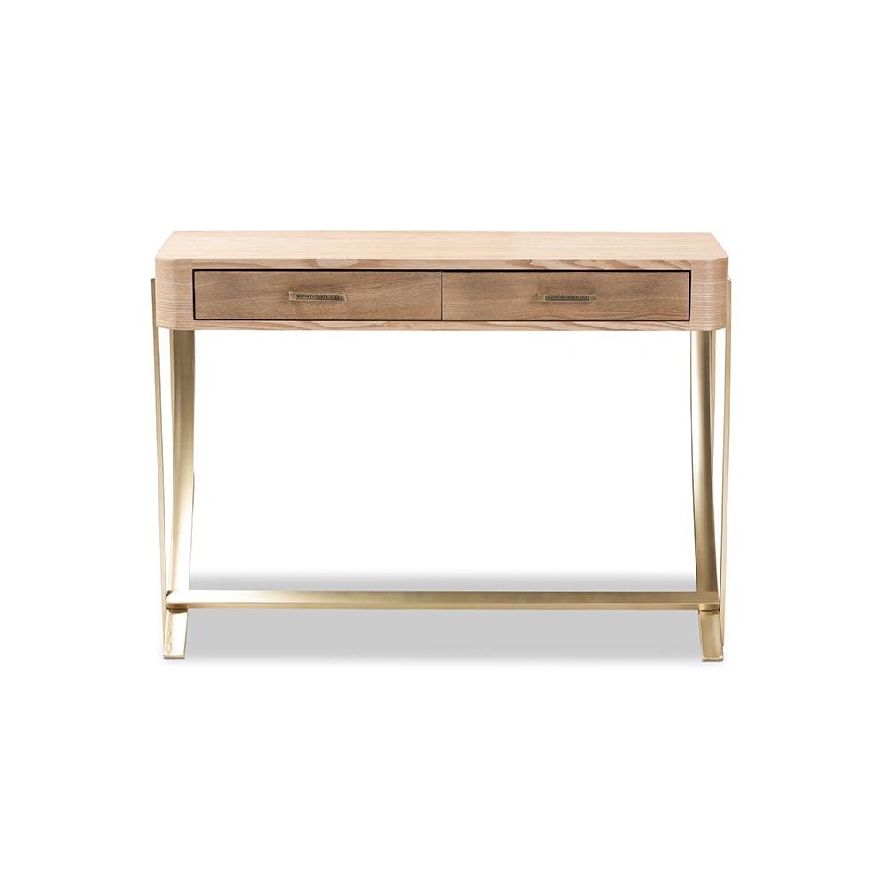 Natural Brown Finished Wood and Gold Finished 2-Drawer Console Table. Picture 3