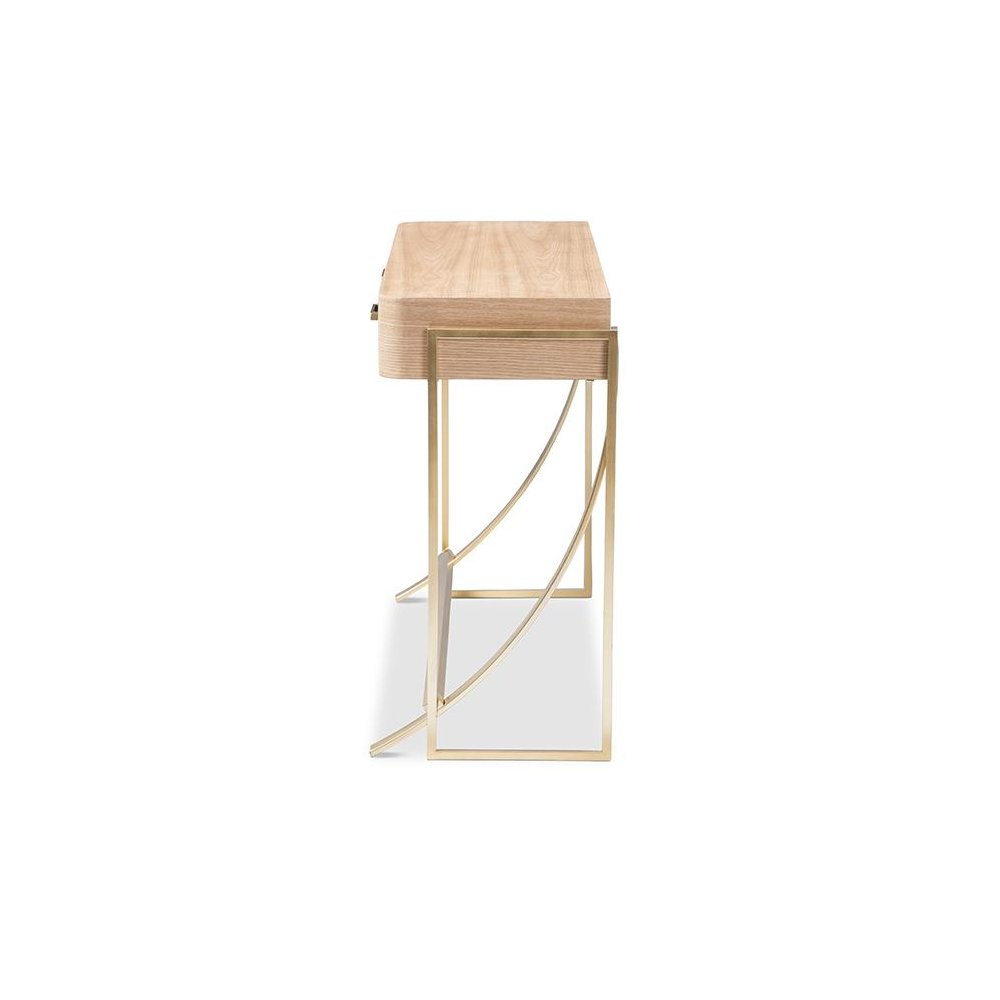 Natural Brown Finished Wood and Gold Finished 2-Drawer Console Table. Picture 4