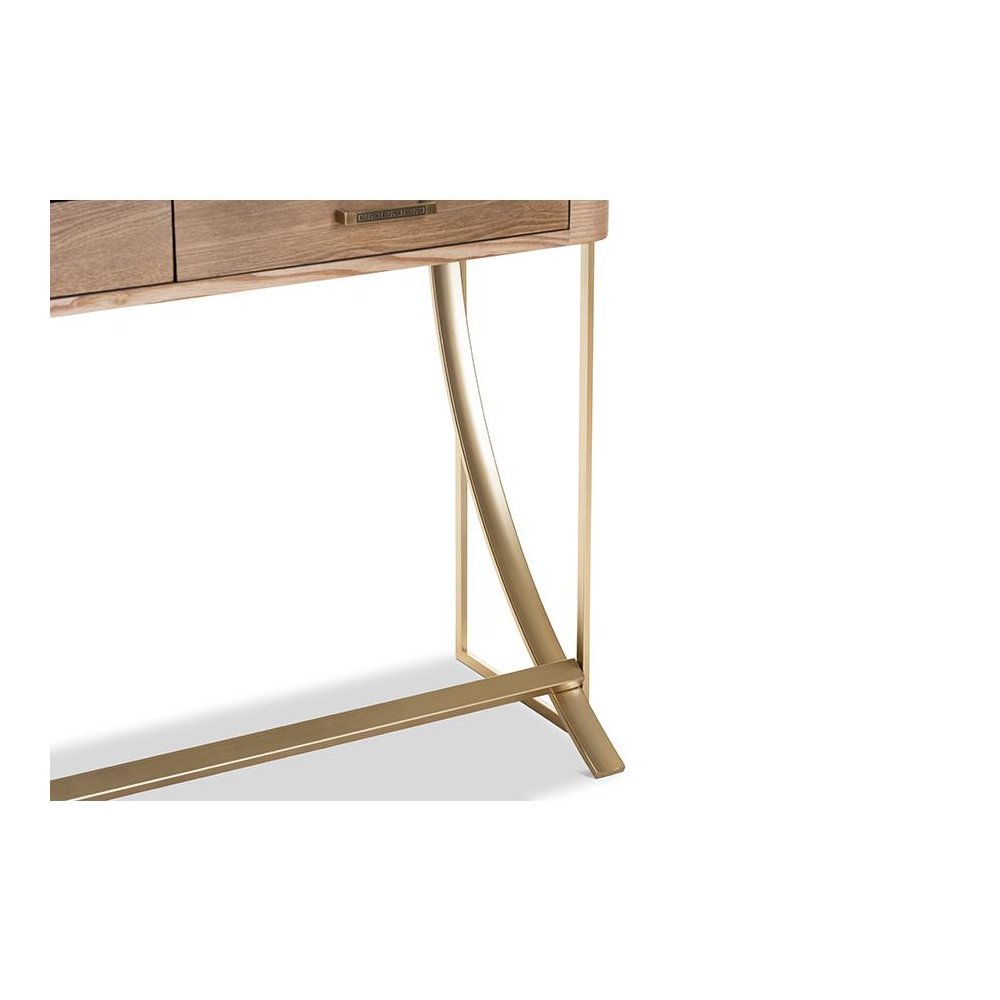 Natural Brown Finished Wood and Gold Finished 2-Drawer Console Table. Picture 6