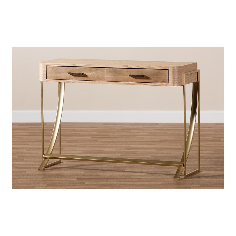 Natural Brown Finished Wood and Gold Finished 2-Drawer Console Table. Picture 8