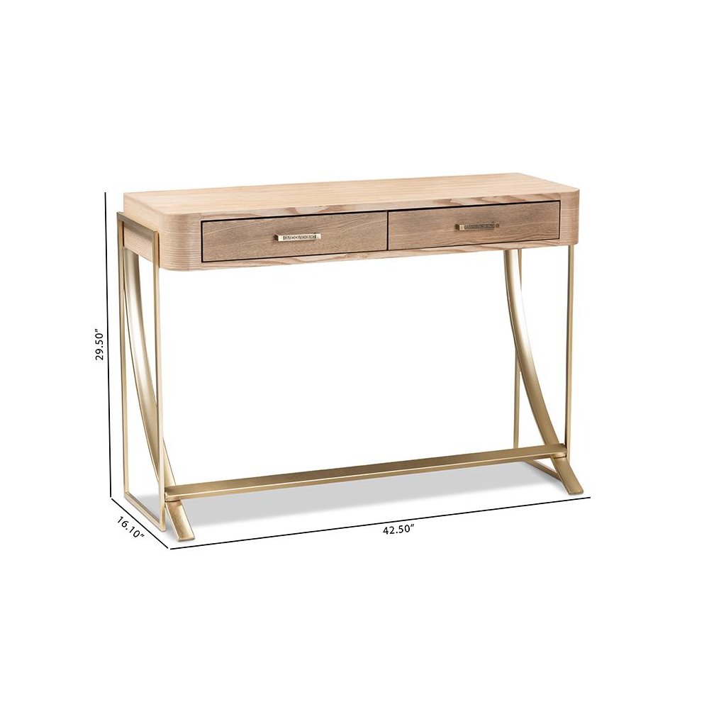 Natural Brown Finished Wood and Gold Finished 2-Drawer Console Table. Picture 9