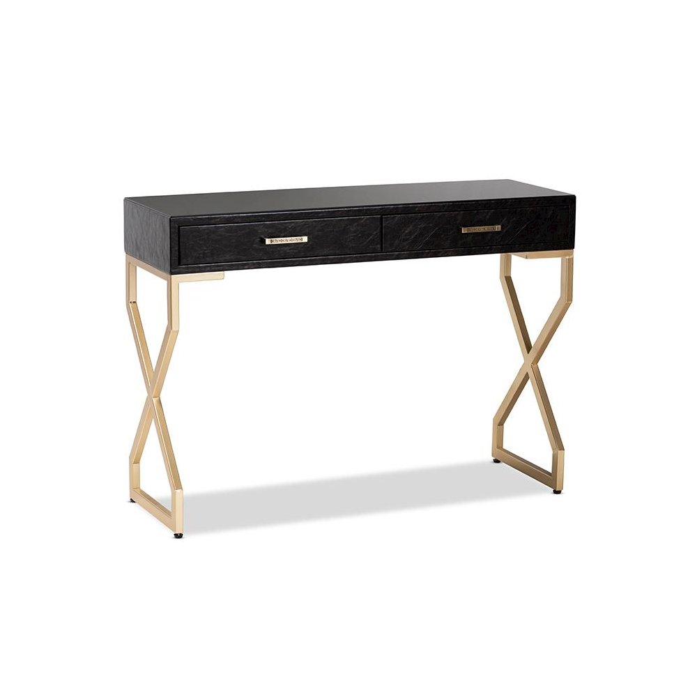 Dark Brown Faux Leather Upholstered Gold Finished 2-Drawer Console Table. Picture 1