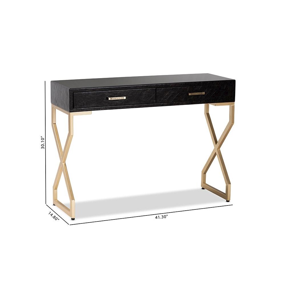 Dark Brown Faux Leather Upholstered Gold Finished 2-Drawer Console Table. Picture 10