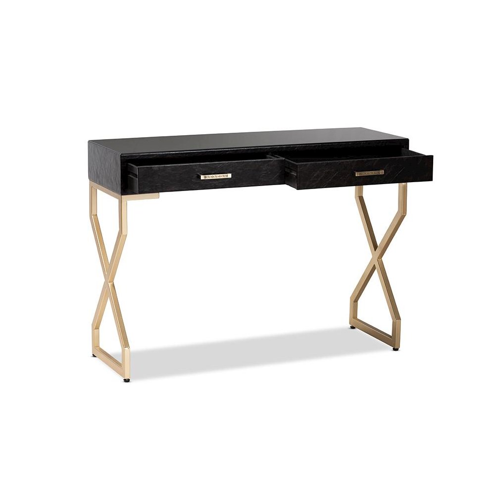 Dark Brown Faux Leather Upholstered Gold Finished 2-Drawer Console Table. Picture 2