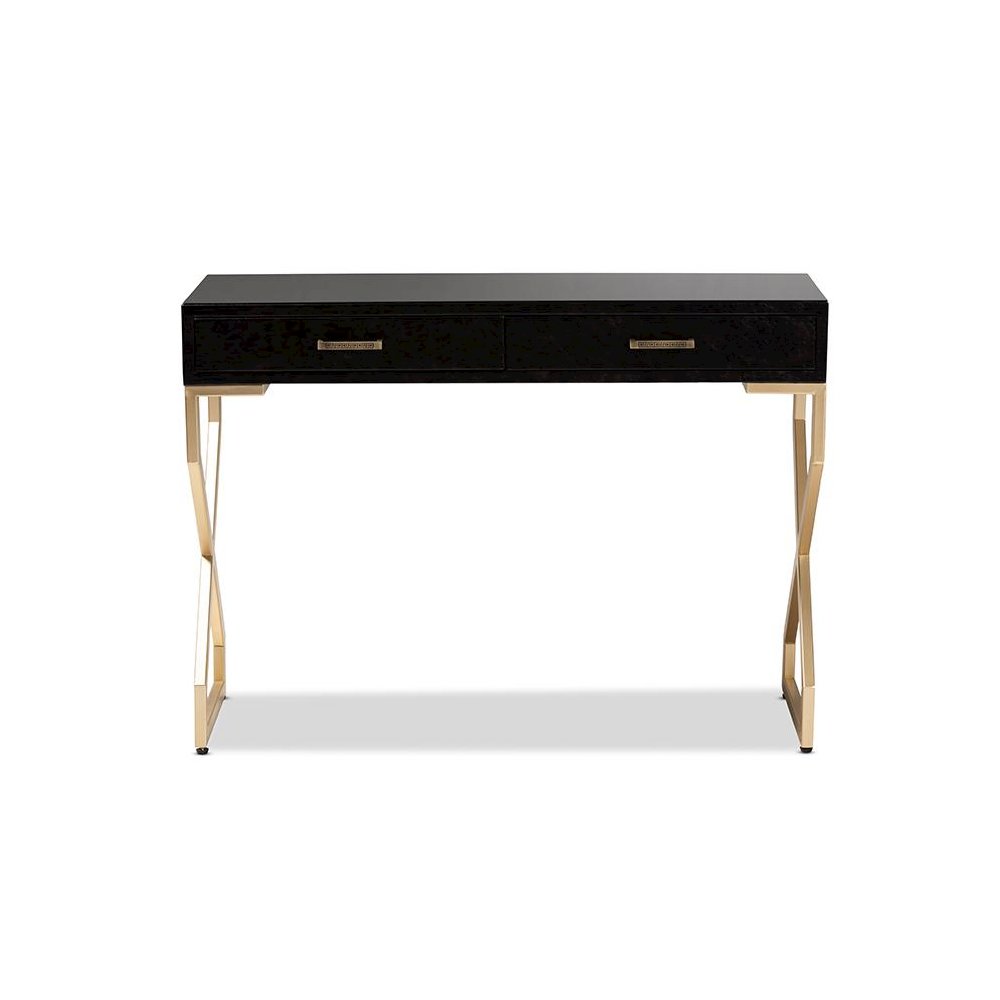 Dark Brown Faux Leather Upholstered Gold Finished 2-Drawer Console Table. Picture 3