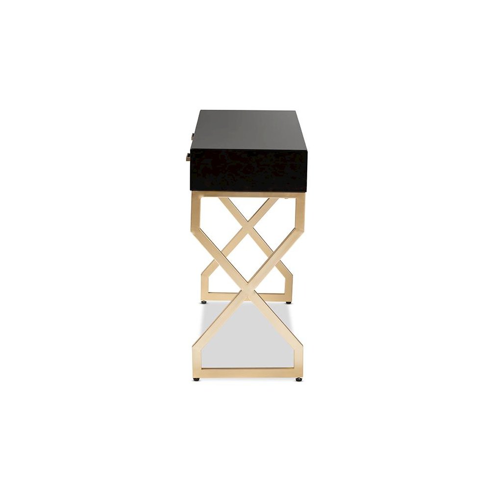 Dark Brown Faux Leather Upholstered Gold Finished 2-Drawer Console Table. Picture 4