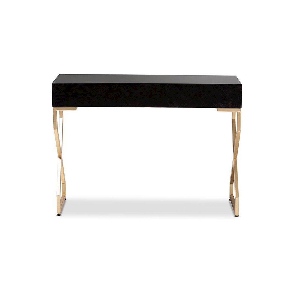 Dark Brown Faux Leather Upholstered Gold Finished 2-Drawer Console Table. Picture 5