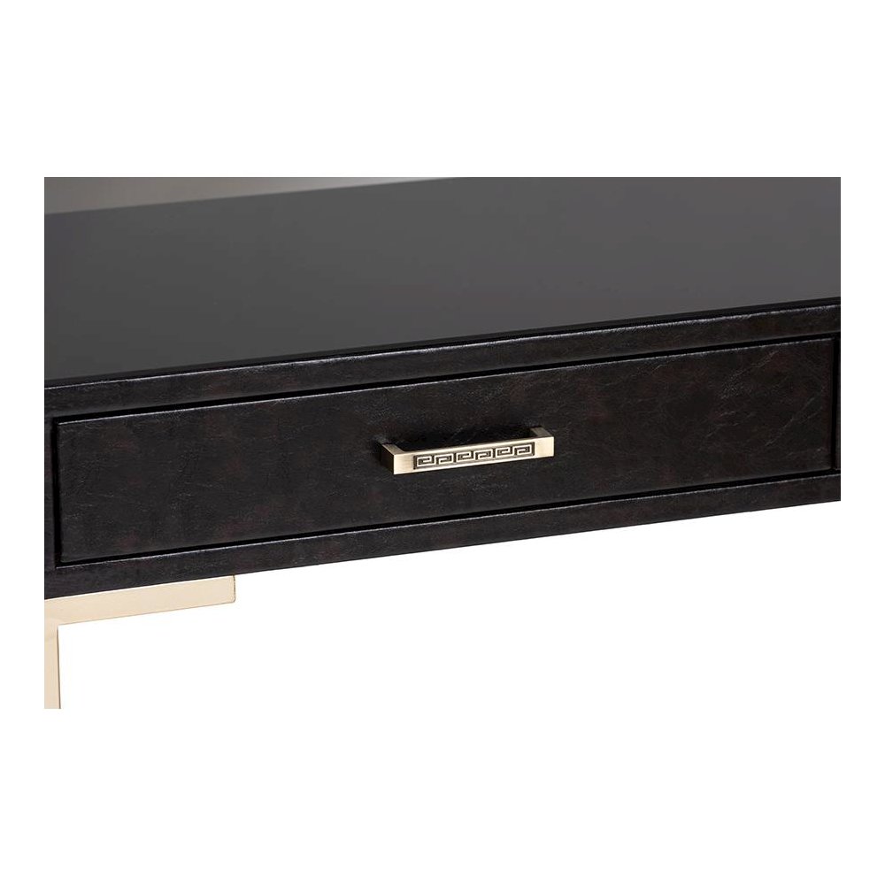 Dark Brown Faux Leather Upholstered Gold Finished 2-Drawer Console Table. Picture 6
