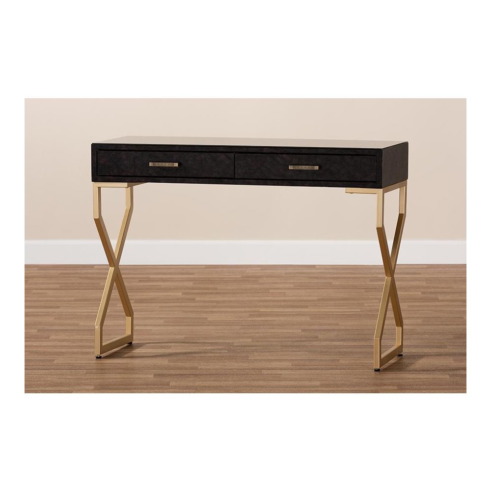 Dark Brown Faux Leather Upholstered Gold Finished 2-Drawer Console Table. Picture 9