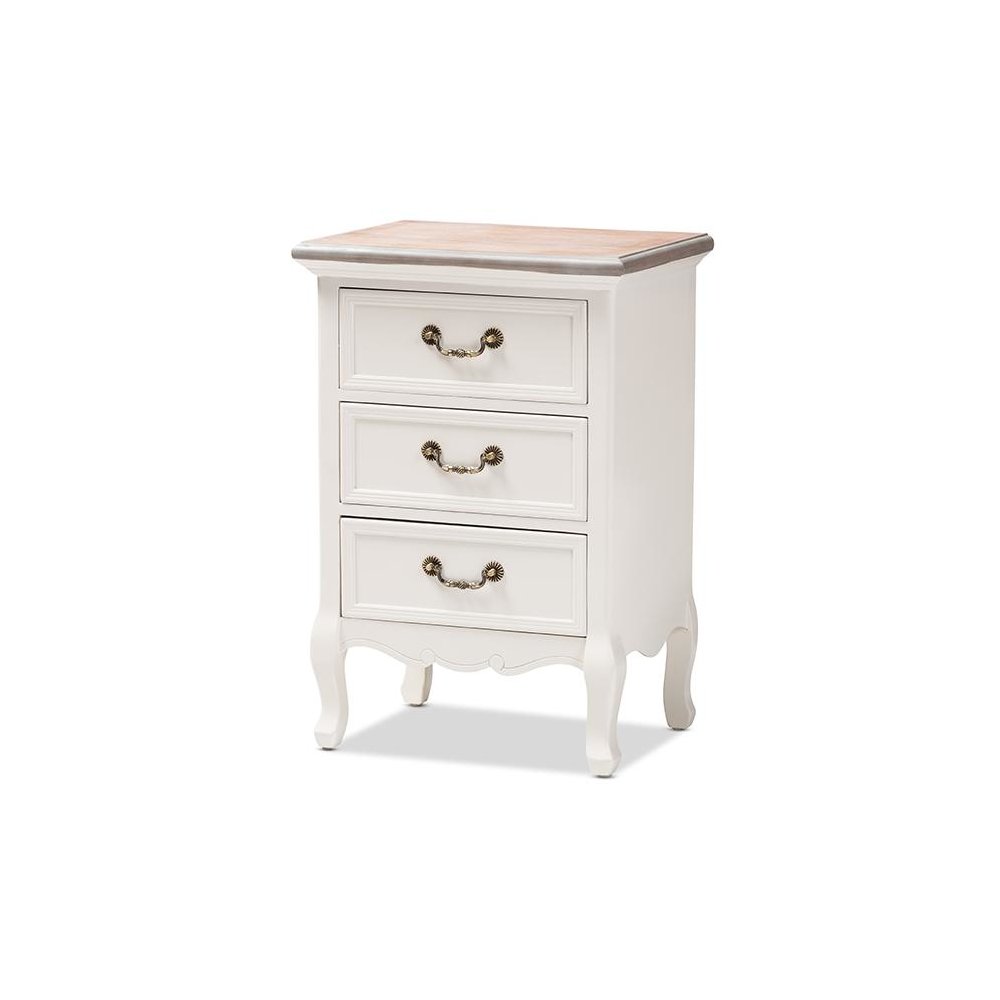 Baxton Studio Capucine Antique French Country Cottage Two Tone Natural Whitewashed Oak and White Finished Wood 3-Drawer Nightstand. Picture 1