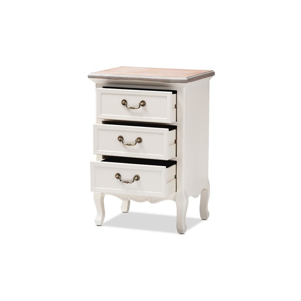 Baxton Studio Capucine Antique French Country Cottage Two Tone Natural Whitewashed Oak and White Finished Wood 3-Drawer Nightstand. Picture 2