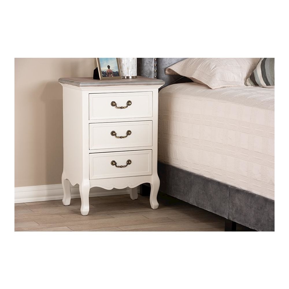 Baxton Studio Capucine Antique French Country Cottage Two Tone Natural Whitewashed Oak and White Finished Wood 3-Drawer Nightstand. Picture 4