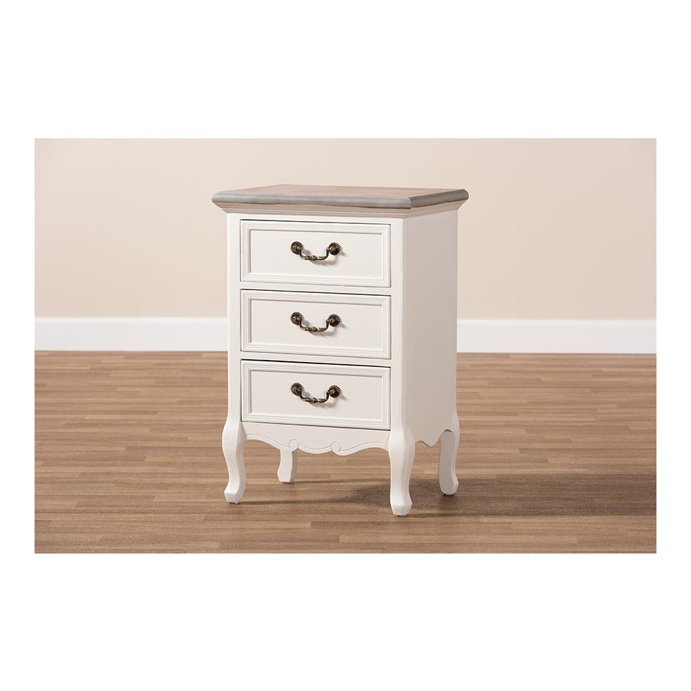 Baxton Studio Capucine Antique French Country Cottage Two Tone Natural Whitewashed Oak and White Finished Wood 3-Drawer Nightstand. Picture 9
