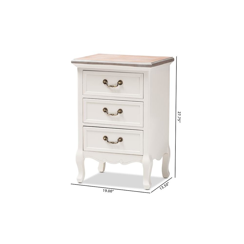 Baxton Studio Capucine Antique French Country Cottage Two Tone Natural Whitewashed Oak and White Finished Wood 3-Drawer Nightstand. Picture 10