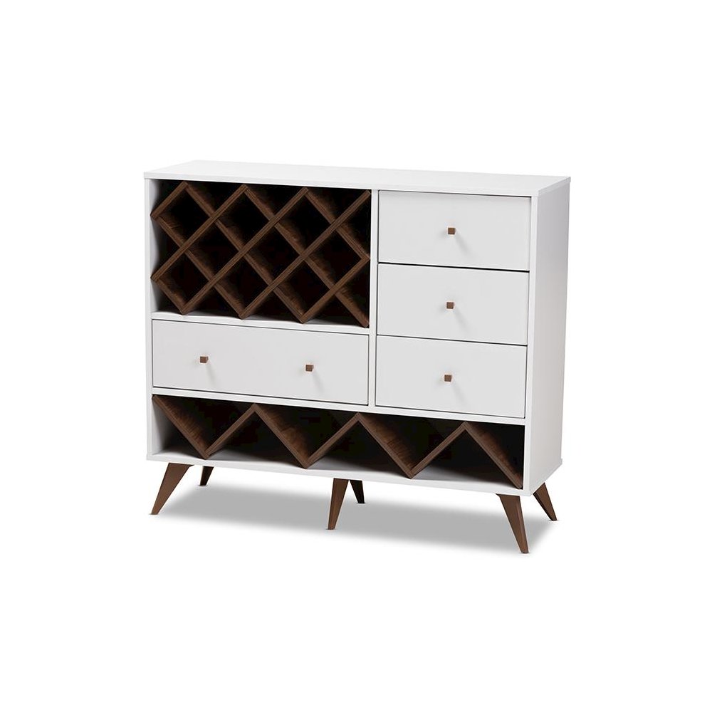 Savino Mid-Century Modern White and Walnut Finished Wood Wine Cabinet. Picture 1