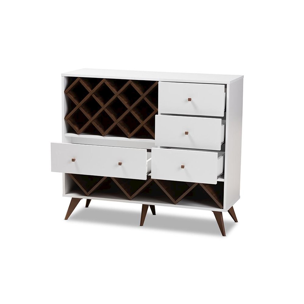 Savino Mid-Century Modern White and Walnut Finished Wood Wine Cabinet. Picture 2