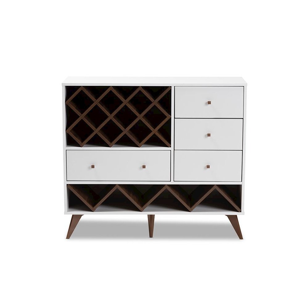 Savino Mid-Century Modern White and Walnut Finished Wood Wine Cabinet. Picture 3