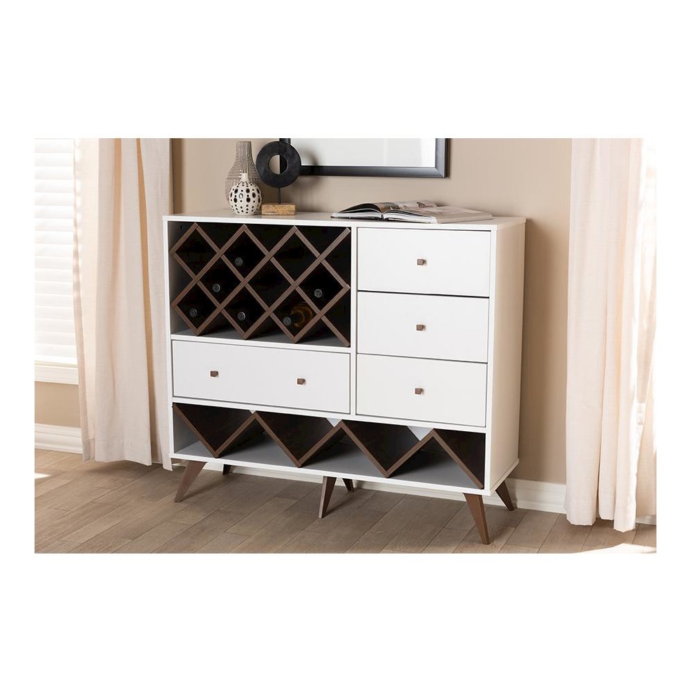 Savino Mid-Century Modern White and Walnut Finished Wood Wine Cabinet. Picture 7