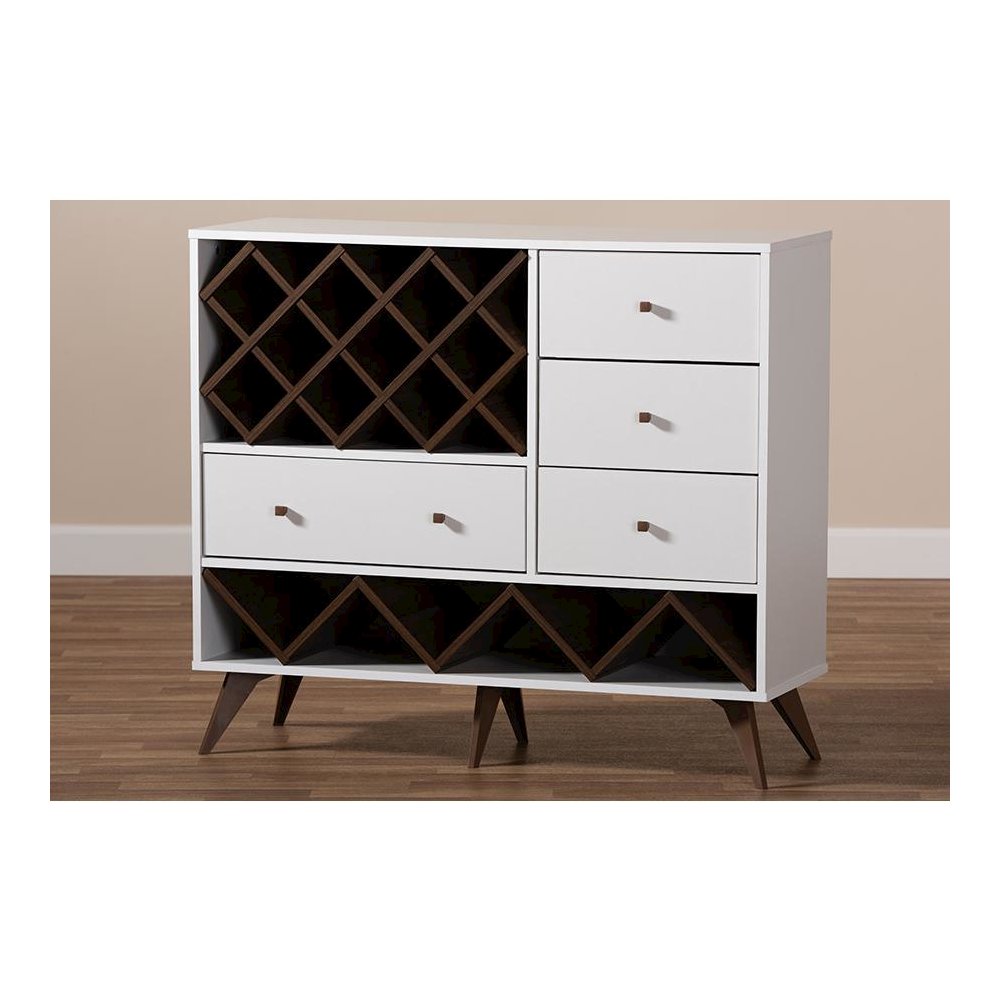 Savino Mid-Century Modern White and Walnut Finished Wood Wine Cabinet. Picture 8