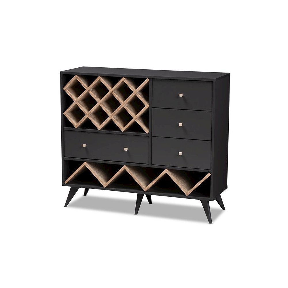 Savino Mid-Century Modern Dark Grey and Oak Finished Wood Wine Cabinet. Picture 1