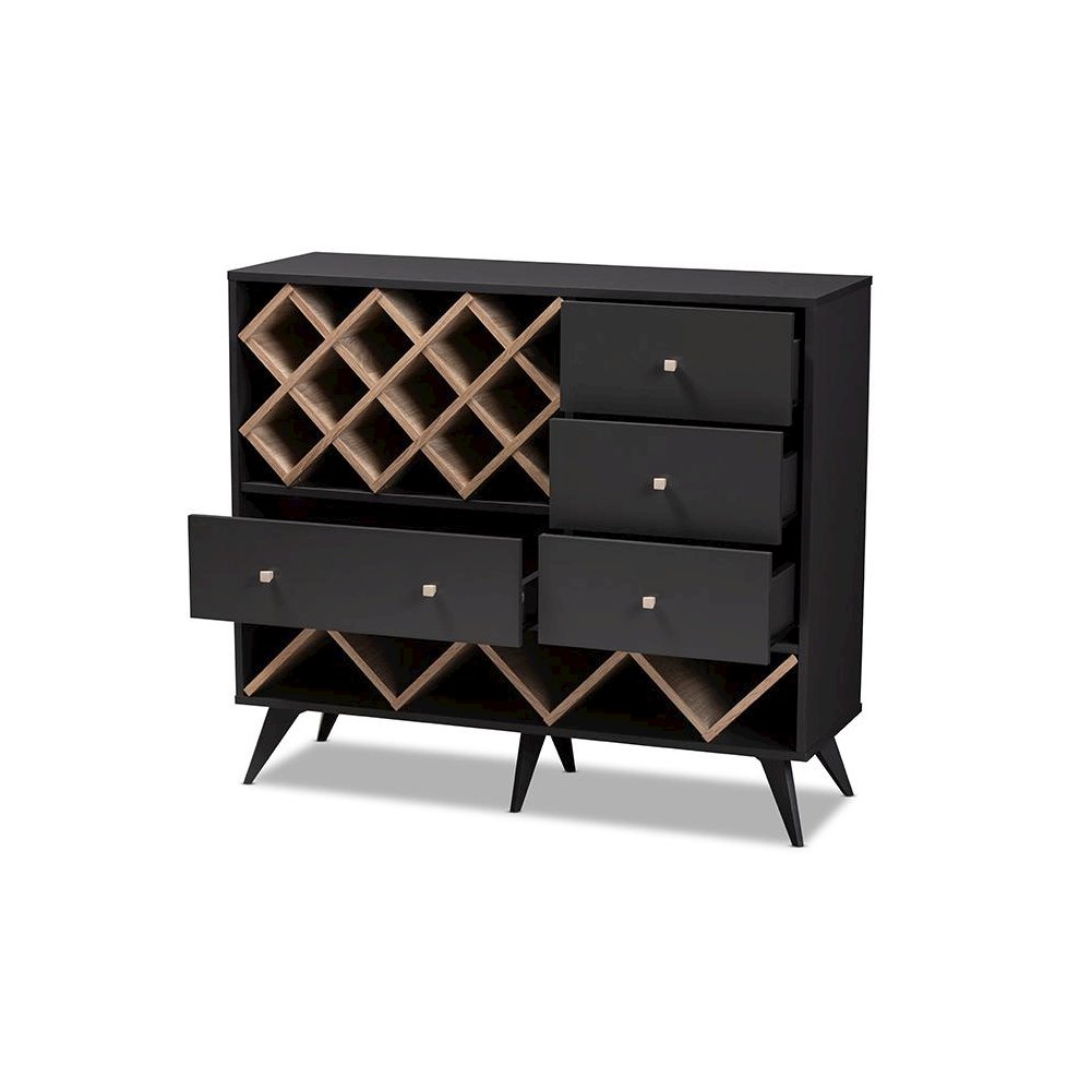 Savino Mid-Century Modern Dark Grey and Oak Finished Wood Wine Cabinet. Picture 2
