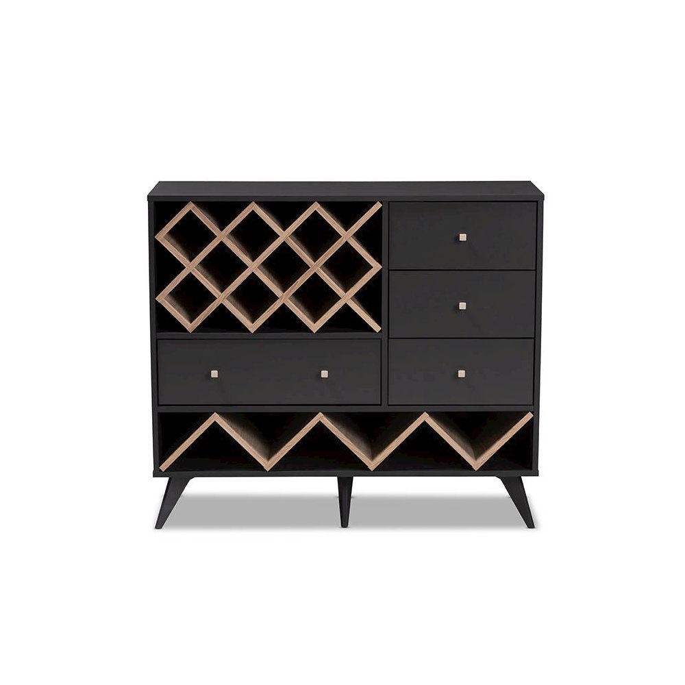 Savino Mid-Century Modern Dark Grey and Oak Finished Wood Wine Cabinet. Picture 3