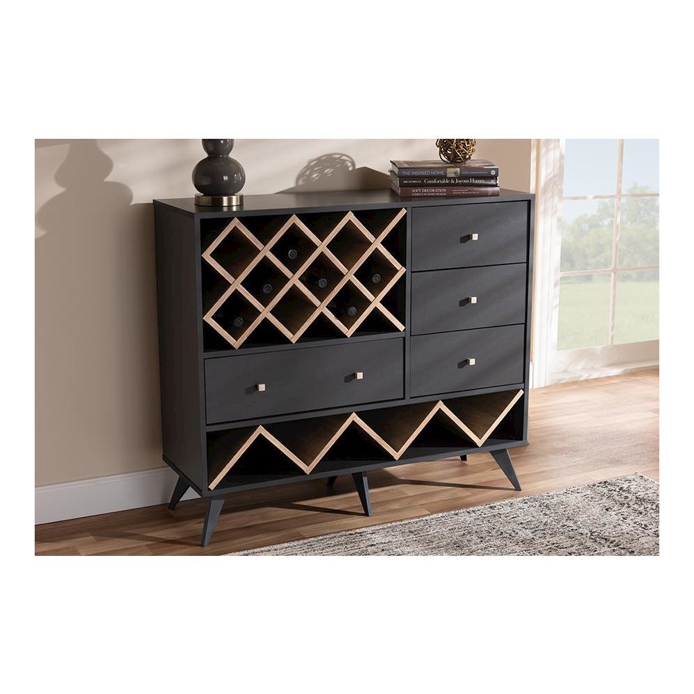 Savino Mid-Century Modern Dark Grey and Oak Finished Wood Wine Cabinet. Picture 7