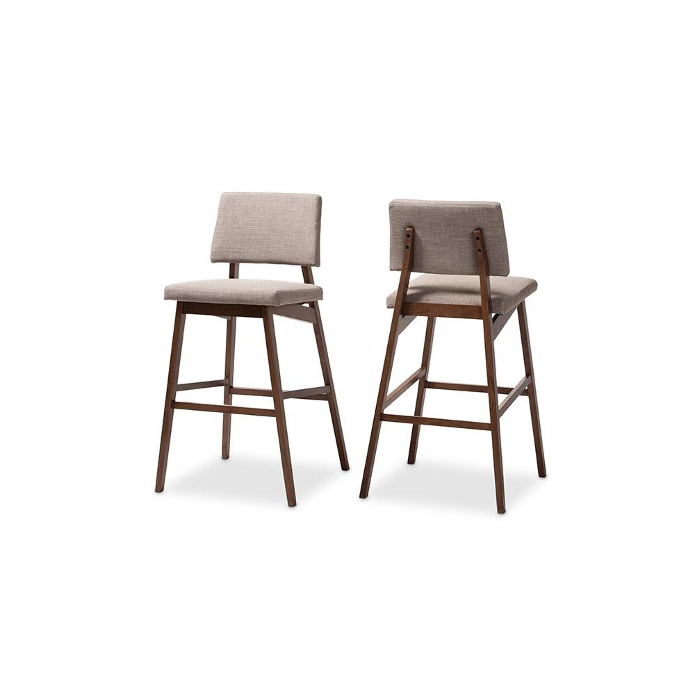Light Gray Fabric Upholstered and Walnut-Finished Wood Bar Stool Set of 2. Picture 1