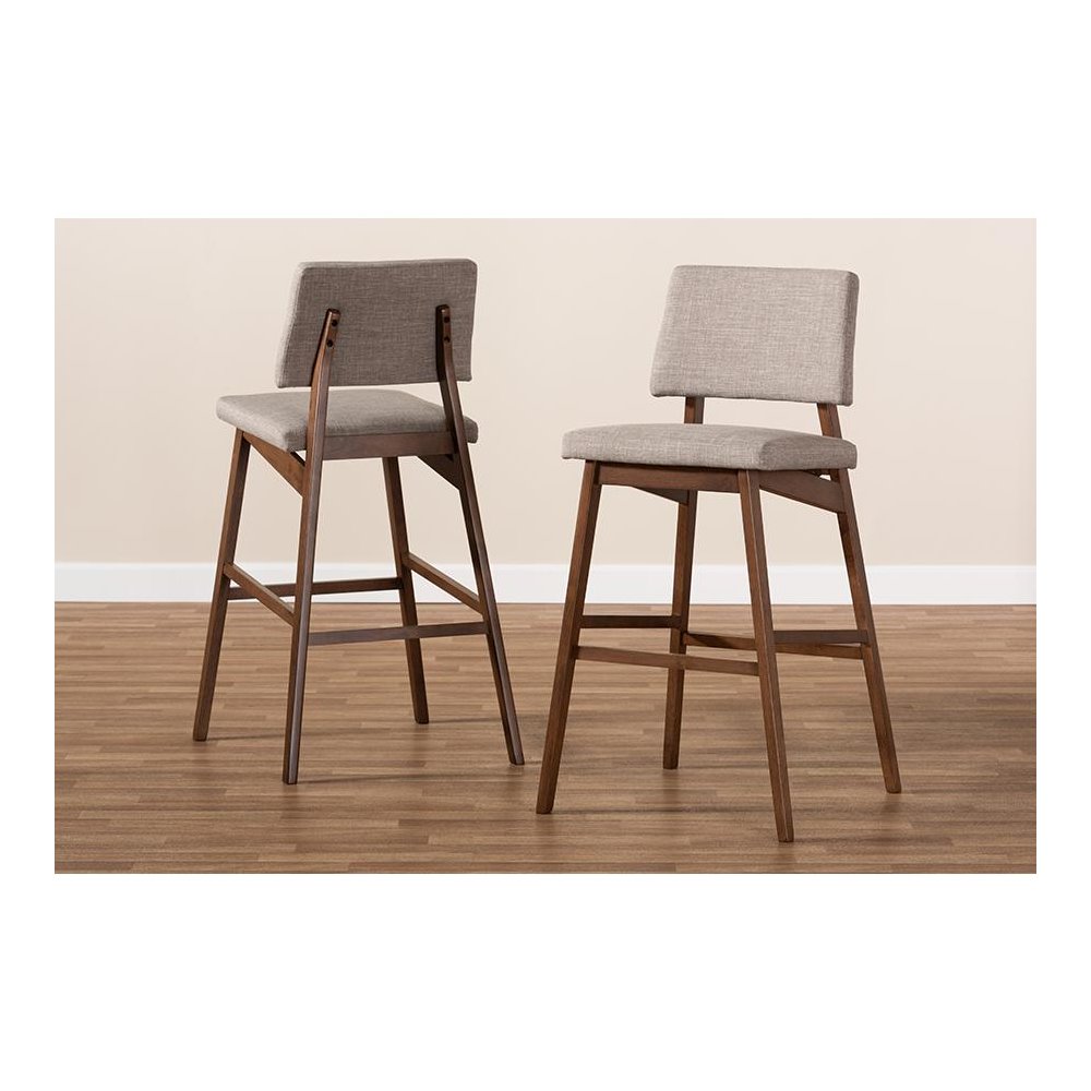 Light Gray Fabric Upholstered and Walnut-Finished Wood Bar Stool Set of 2. Picture 6