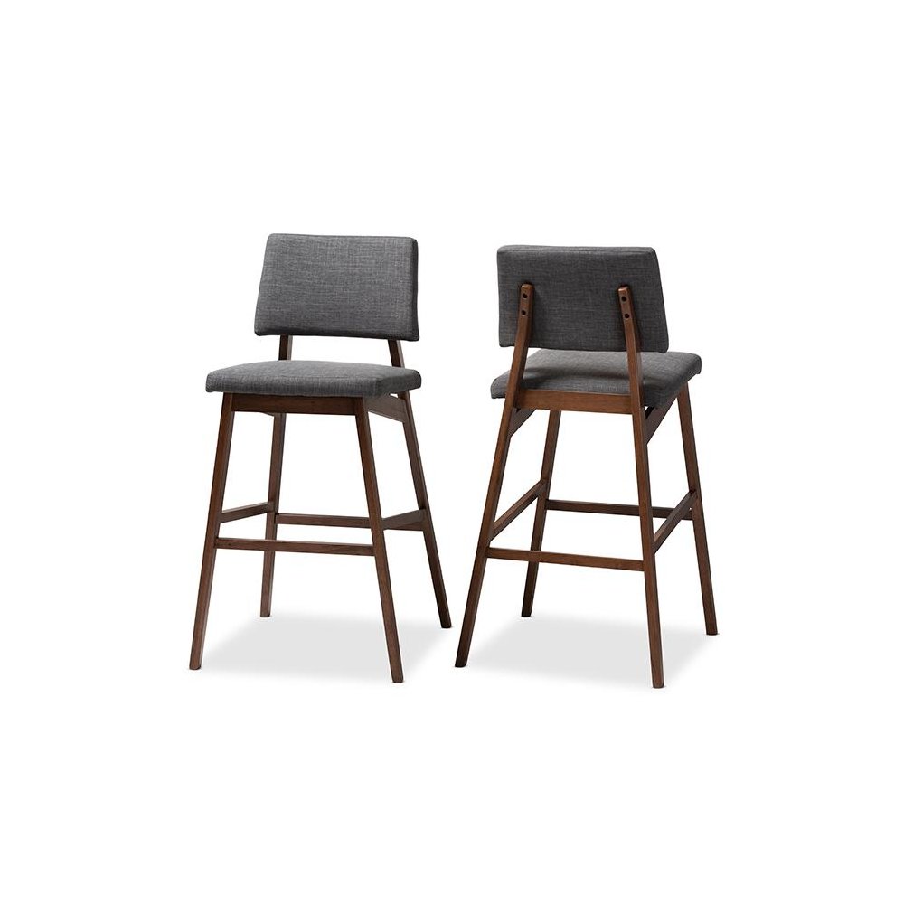 Dark Gray Fabric Upholstered and Walnut-Finished Wood Bar Stool Set of 2. Picture 1