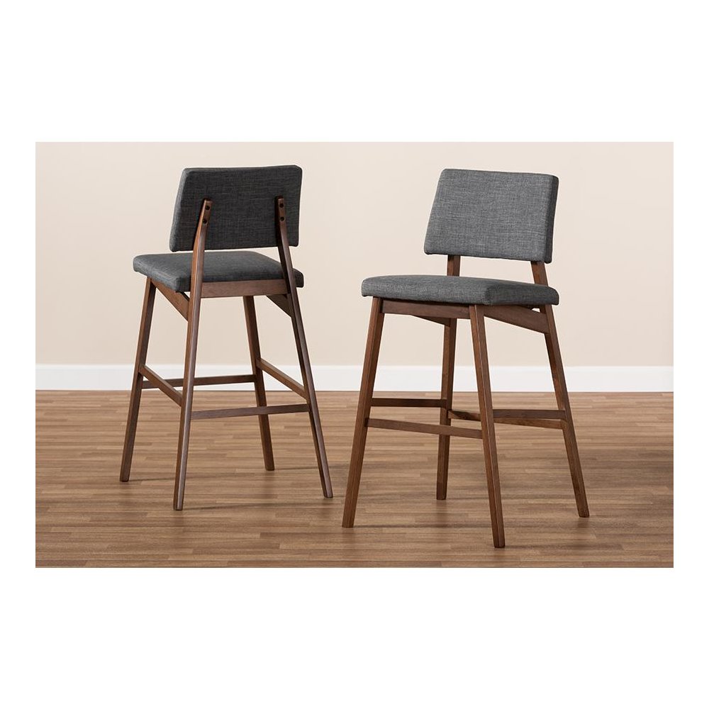 Dark Gray Fabric Upholstered and Walnut-Finished Wood Bar Stool Set of 2. Picture 6