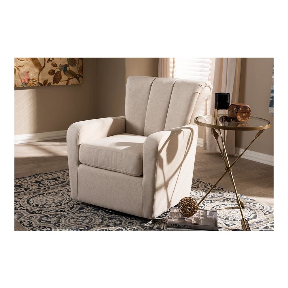 Rayner Modern and Contemporary Beige Fabric Upholstered Swivel Chair. Picture 6