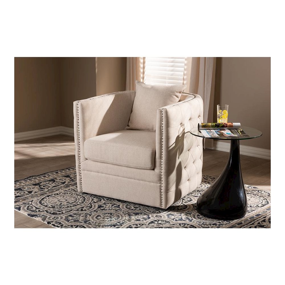 Micah Modern and Contemporary Beige Fabric Upholstered Tufted Swivel Chair. Picture 6
