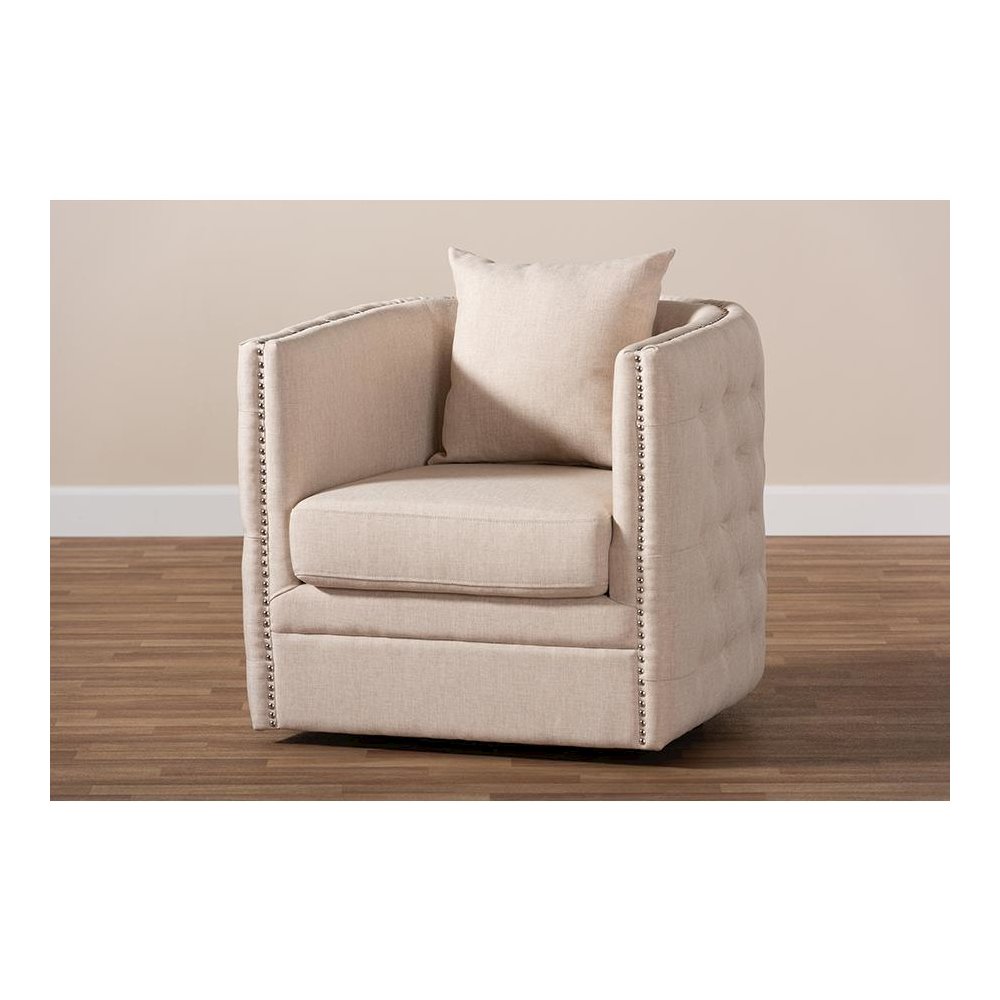 Micah Modern and Contemporary Beige Fabric Upholstered Tufted Swivel Chair. Picture 7