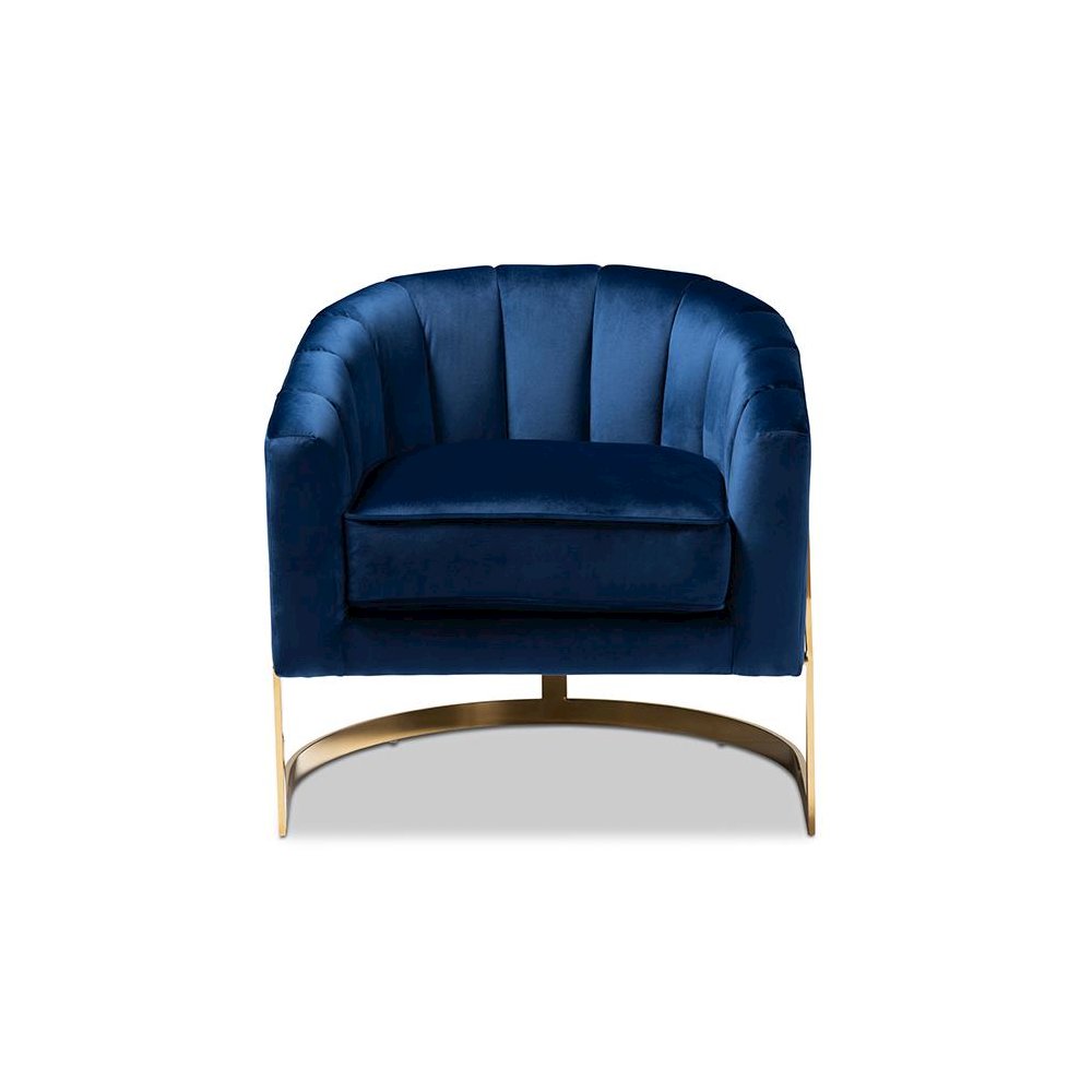 Tomasso Glam Royal Blue Velvet Fabric Upholstered Gold-Finished Lounge Chair. Picture 2