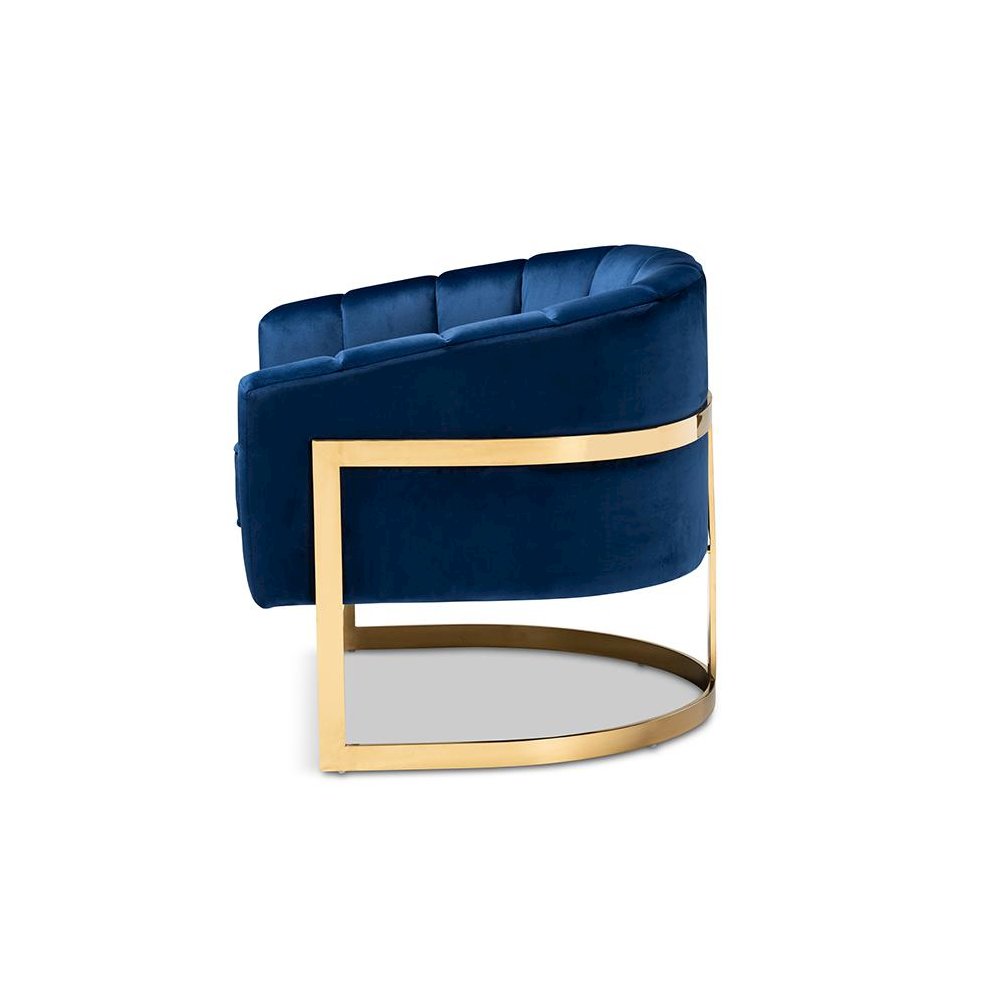 Tomasso Glam Royal Blue Velvet Fabric Upholstered Gold-Finished Lounge Chair. Picture 3