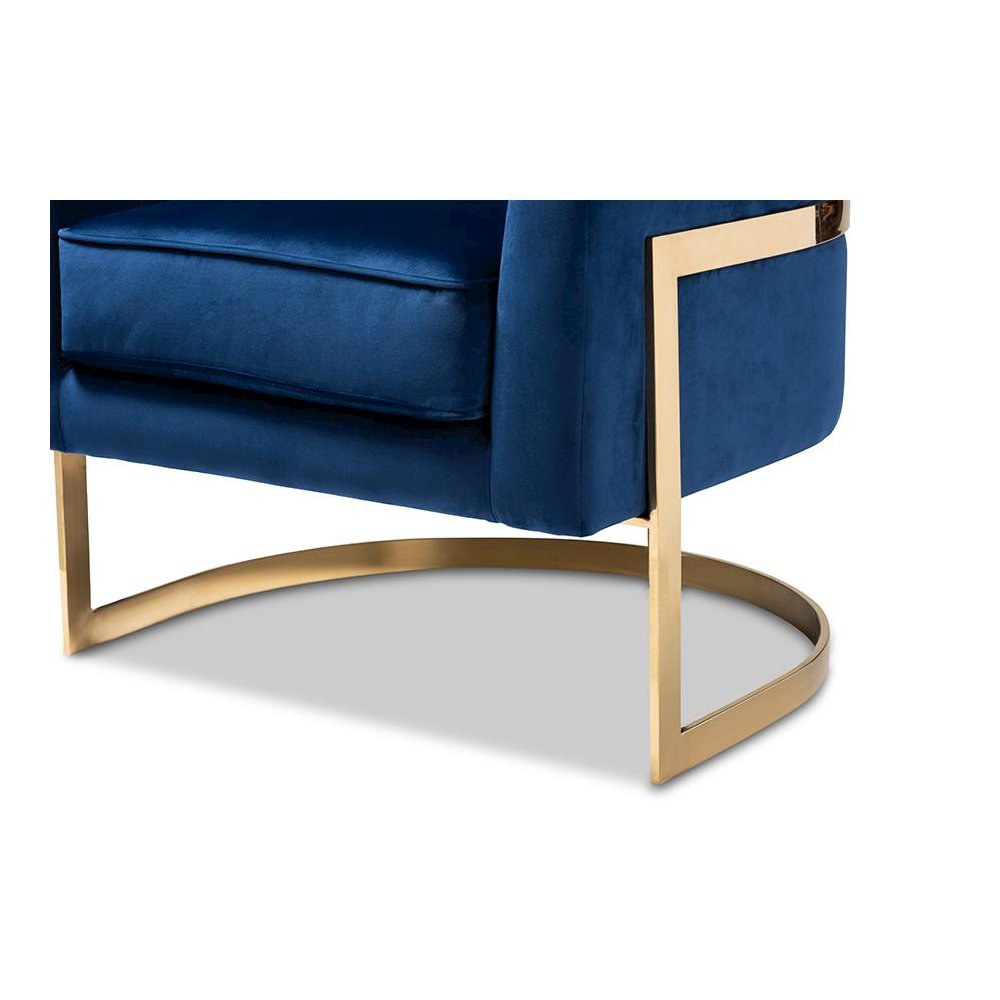 Tomasso Glam Royal Blue Velvet Fabric Upholstered Gold-Finished Lounge Chair. Picture 6