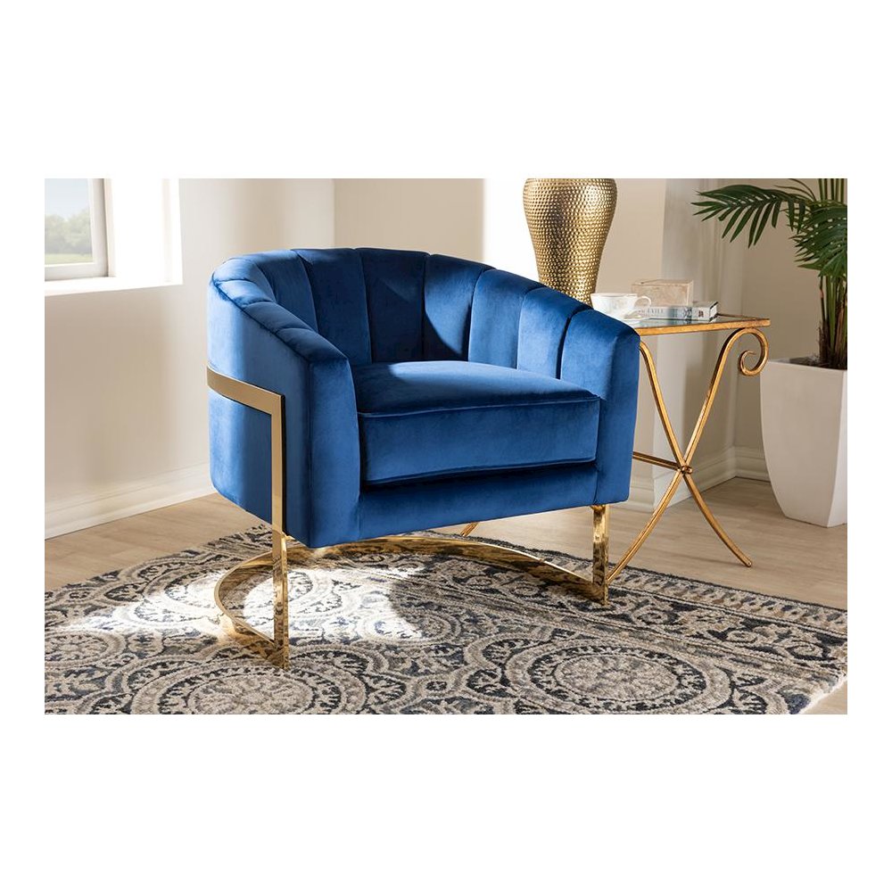 Tomasso Glam Royal Blue Velvet Fabric Upholstered Gold-Finished Lounge Chair. Picture 7