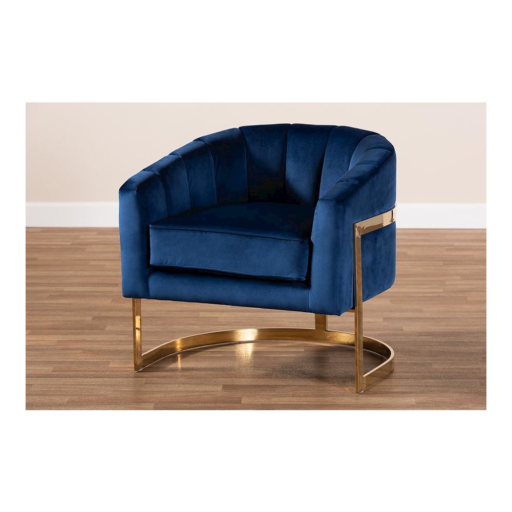Tomasso Glam Royal Blue Velvet Fabric Upholstered Gold-Finished Lounge Chair. Picture 8