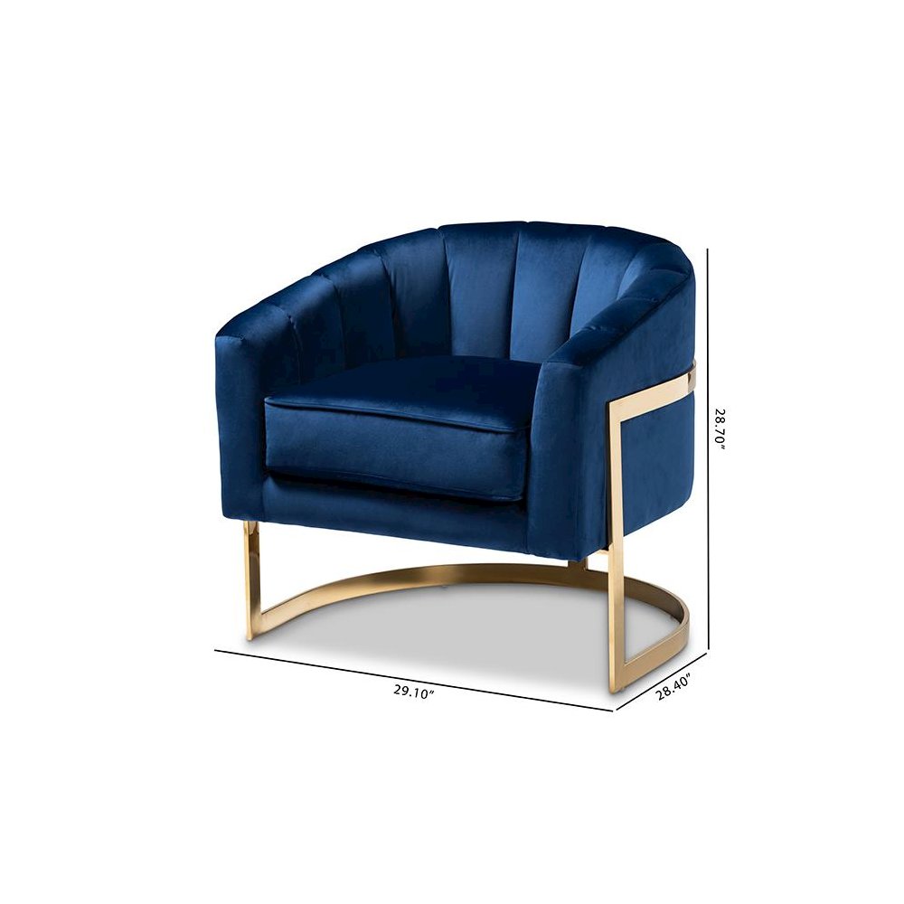 Tomasso Glam Royal Blue Velvet Fabric Upholstered Gold-Finished Lounge Chair. Picture 9