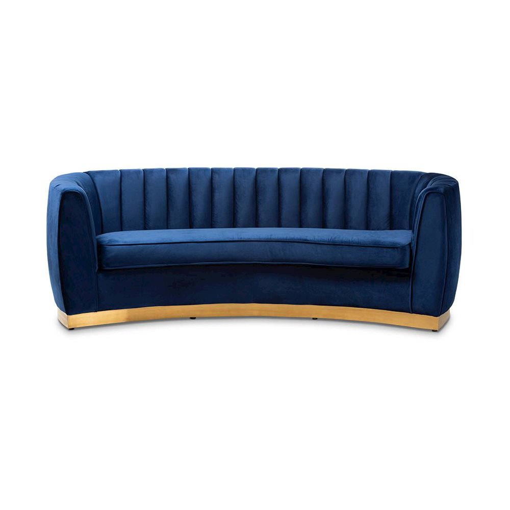 Milena Glam Royal Blue Velvet Fabric Upholstered Gold-Finished Sofa. Picture 2