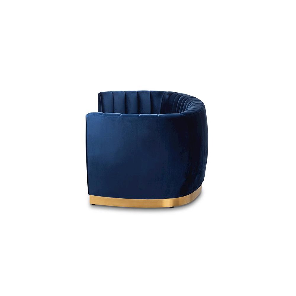 Milena Glam Royal Blue Velvet Fabric Upholstered Gold-Finished Sofa. Picture 3